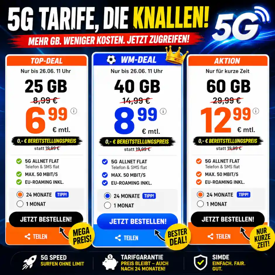 sim.de bietet 25 bis 80 GB ab 6,99 Euro. Der Tarifvergleich zeigt, welcher 5G-Tarif g�nstig ist und welches Angebot wirklich am besten passt