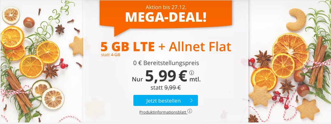 Weihnachts Deal: Sim.de 5 GB LTE All-In-Flat f�r 5,99 Euro ohne Laufzeit, 4 Euro sparen