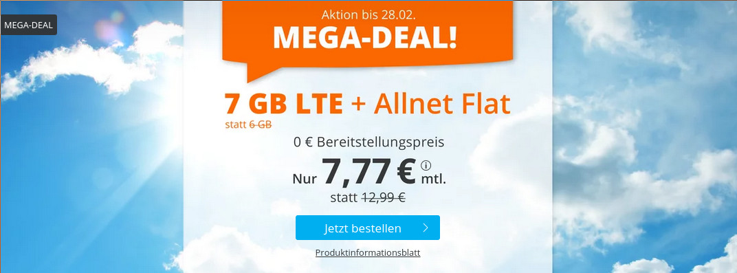Spartipp LTE Tarife: Sim.de 7 GB LTE All-In-Flat f�r 7,77 Euro ohne Laufzeit, 5,22 Euro sparen