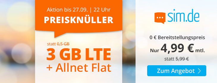 Preistipp 3 GB Tarife: Sim.de 3 GB LTE Allnet-Flat f�r 4,99 Euro ohne Laufzeit