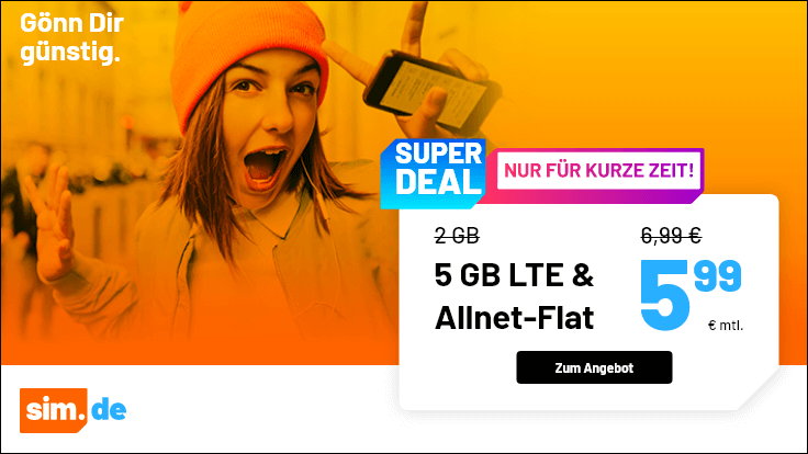Tariftipp 5 GB Tarife: Sim.de 5 GB LTE All-In-Flat f�r 5,99 Euro ohne Laufzeit, 4 Euro sparen