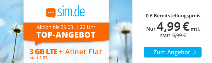 Spartipp 3 GB Tarife: Sim.de 3 GB LTE f�r 3,99 Euro mit 60 Freiminuten ohne Laufzeit