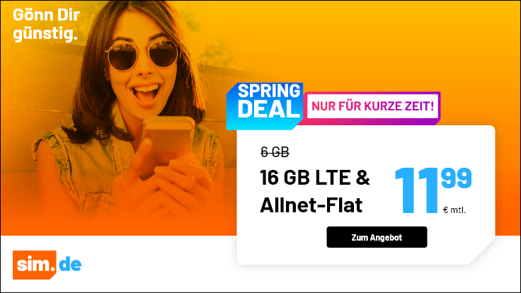 Tariftipp 16 GB Tarife: Sim.de 16 GB LTE Allnet-Flat fr 11,99 Euro mit mtl. Laufzeit