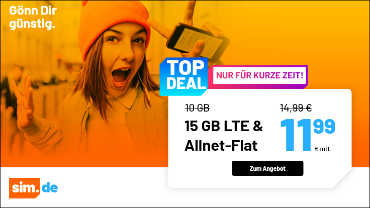 Tariftipp 15 GB Tarife: Sim.de 15 GB LTE All-In-Flat f�r 11,99 Euro ohne Laufzeit