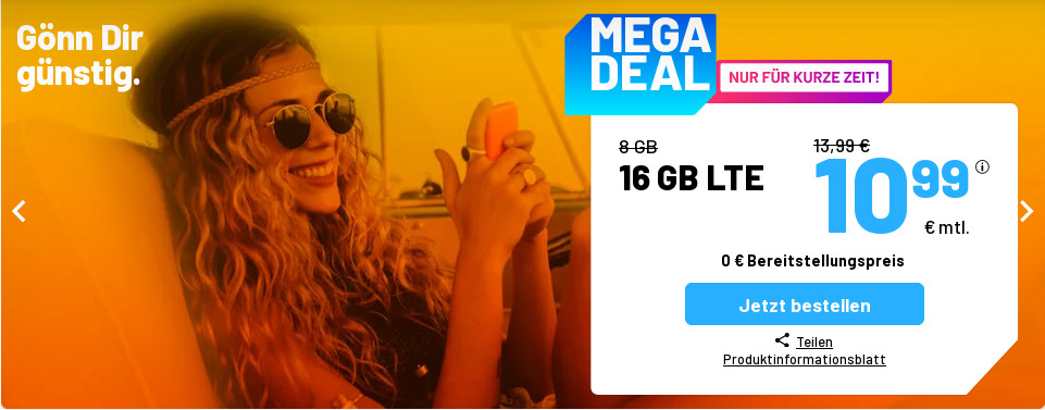 Sparpower Handytarife: Sim.de 16 GB LTE Allnet-Flat f�r 10,99 Euro mit mtl. Laufzeit