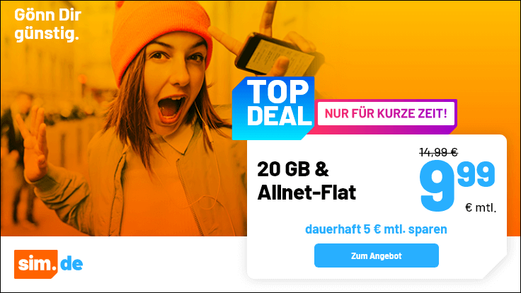 Tariftipp 20 GB Handytarife --Sim.de 20 GB LTE Allnet-Flat f�r 9,99 Euro mit mtl. Laufzeit