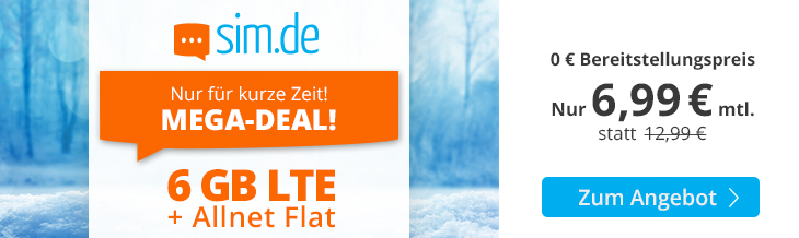 Tariftipp LTE Tarife: Sim.de 6 GB LTE All-In-Flat f�r 6,99 Euro ohne Laufzeit, 6 Euro sparen