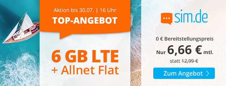 Sommerferien-Tariftipp 6 GB Tarife: Sim.de 6 GB LTE All-Net-Flat f�r 6,66 Euro ohne Laufzeit