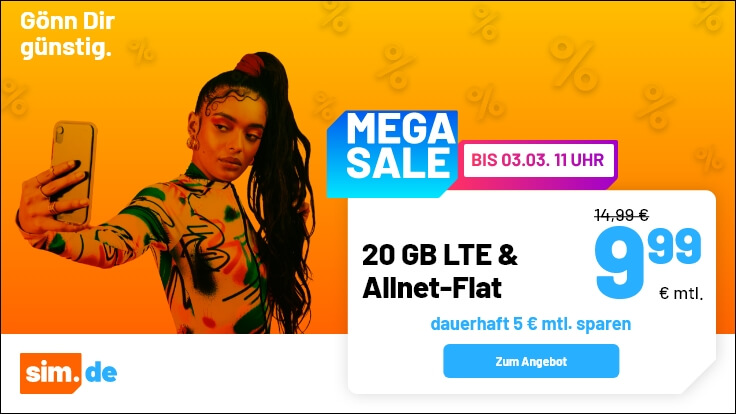 Preiskracher 20 GB Tarife --Sim.de 20 GB LTE Allnet-Flat f�r 9,99 Euro ohne Anschlusspreis