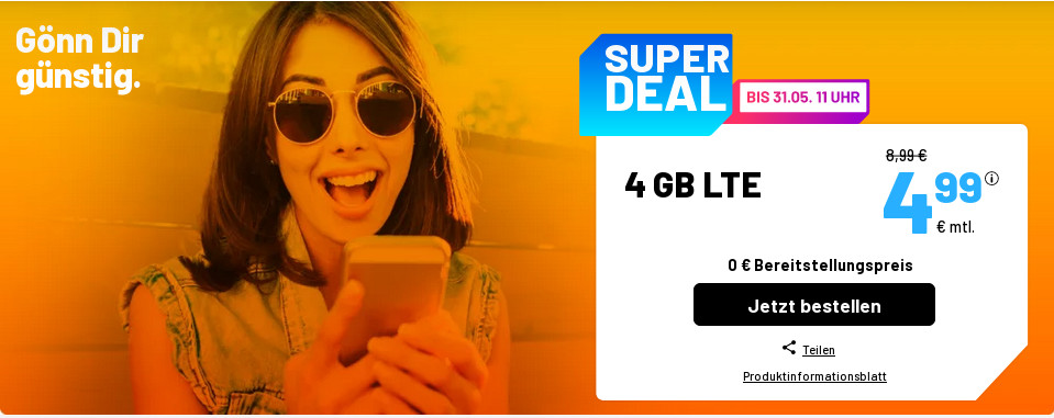Tariftipp 4 GB Tarife: Sim.de 4 GB LTE Allnet-Flat f�r 4,99 Euro ohne Laufzeit