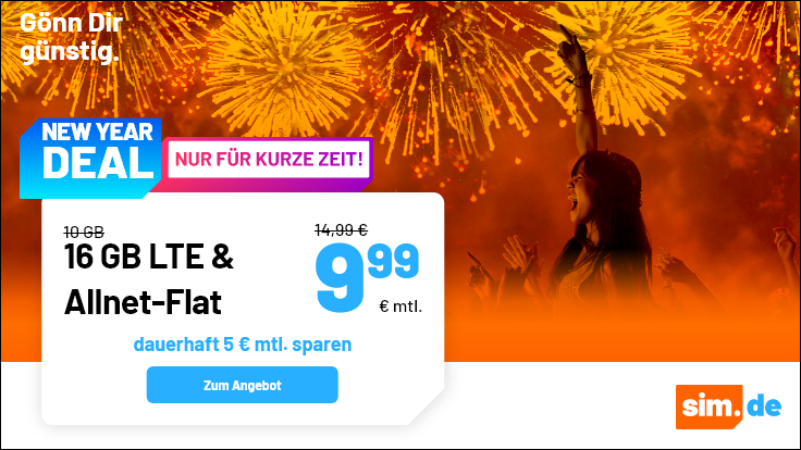 Silvester Tarifpower 16 GB Allnet-Flat: Sim.de 16 GB LTE Allnet-Flat f�r 9,99 Euro ohne Anschlusspreis