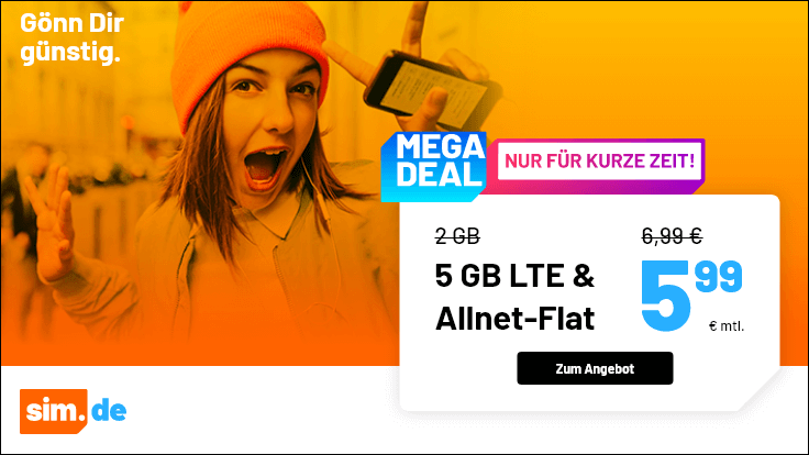 Tariftipp 5 GB Tarife: Sim.de 5 GB LTE All-In-Flat f�r 5,99 Euro ohne Laufzeit, 4 Euro sparen