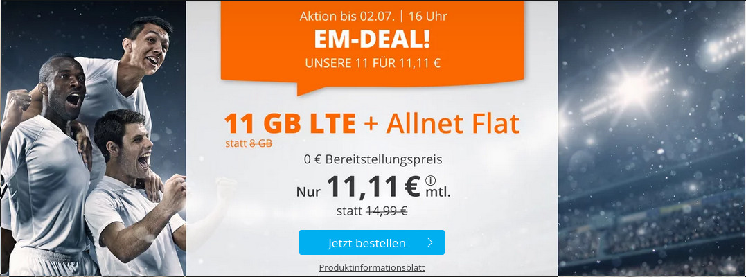 Fussball-EM Tariftipp: Sim.de 11 GB LTE All-In-Flat f�r 11,11 Euro ohne Laufzeit