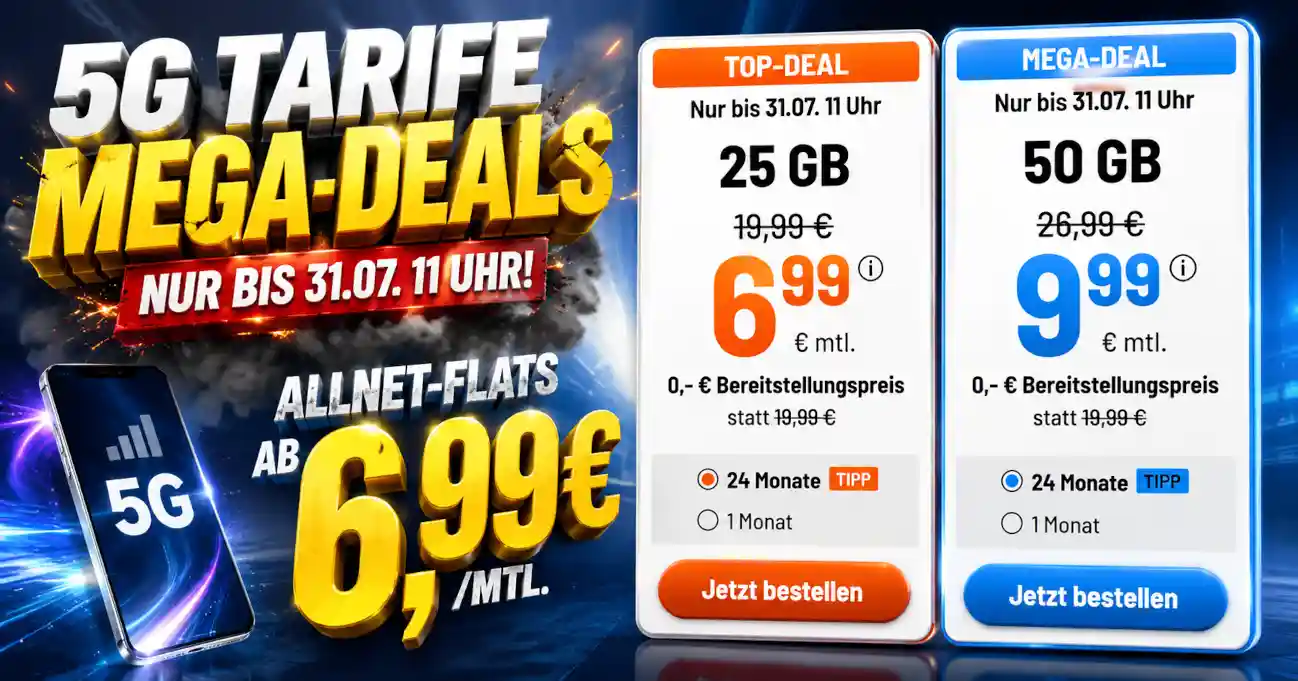 G�nstige 5G Tarife im Vergleich: 25 GB, 35 GB, 40 GB, 50 GB und 70 GB ab 5,99 Euro. Mit Telekom Netz, Vodafone Netz, Telef�nica, 1&1 und monatlich k�ndbaren 5G Allnet Flats