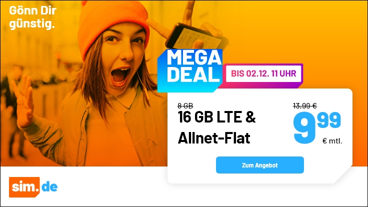 After Cyber Party: 16 GB Allnet-Flat Spartarife --Sim.de 16 GB LTE Allnet-Flat f�r 9,99 Euro ohne Anschlusspreis
