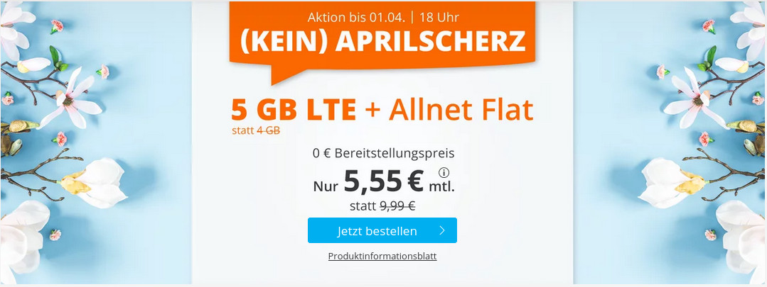 Oster-Deal 5 Tarife: Sim.de 5 GB LTE All-In-Flat f�r 5,55 Euro ohne Laufzeit, 4 Euro sparen