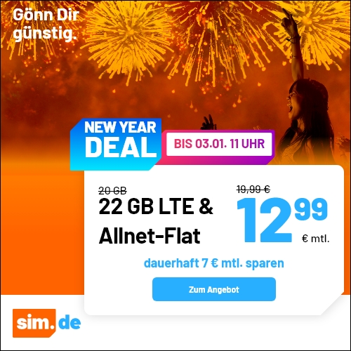 Silvester-Kracher 22 GB Tarife: Sim.de 22 GB LTE Allnet-Flat f�r 12,99 Euro ohne Anschlusspreis