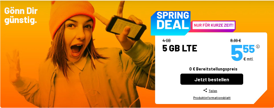 Spartipp 5 GB Tarife: Sim.de 5 GB LTE Allnet-Flat f�r 5,55 Euro ohne Laufzeit