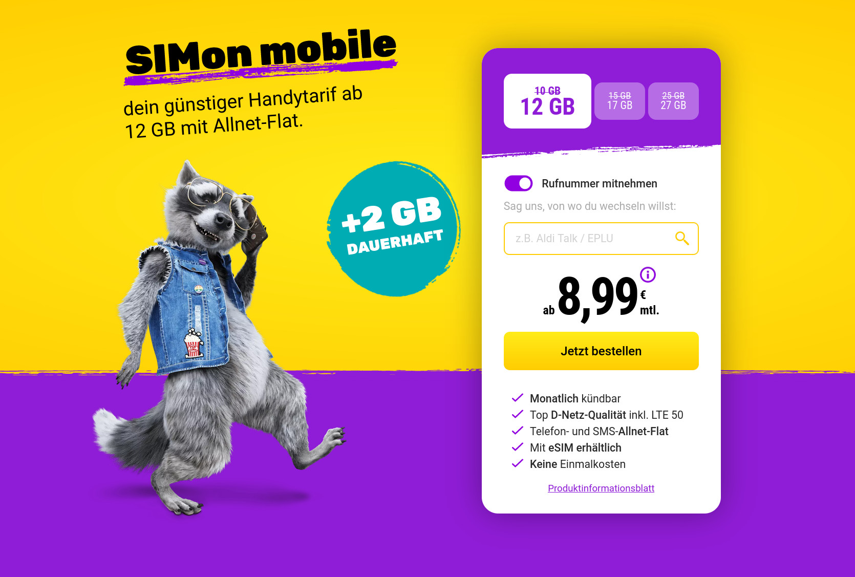 Preistipp Vodafone Netz: Simonmobile 12 GB LTE All-In-Flat im Vodafone Netz mit 50 Mbit für 8,99 Euro