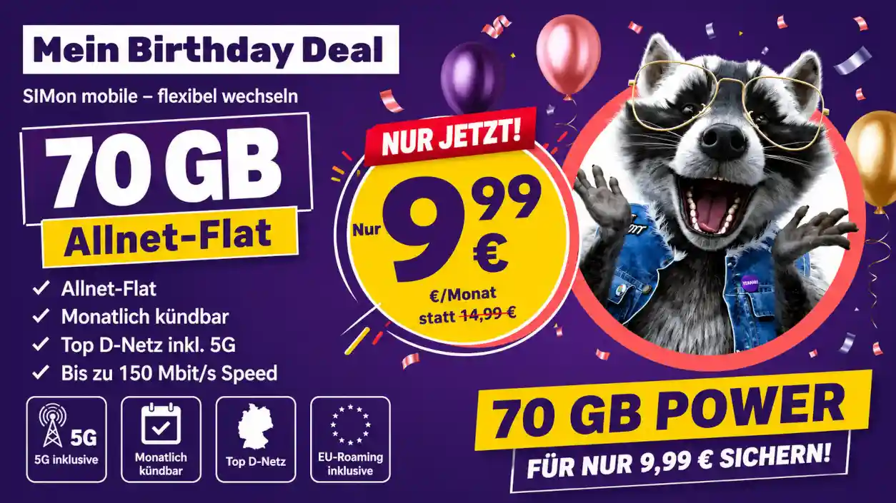 SIMon mobile bietet 70 GB f�r 9,99 Euro im Juni. Der Tarif ist flexibel, nutzt Vodafone 5G und hat beim Preis ein wichtiges Detail