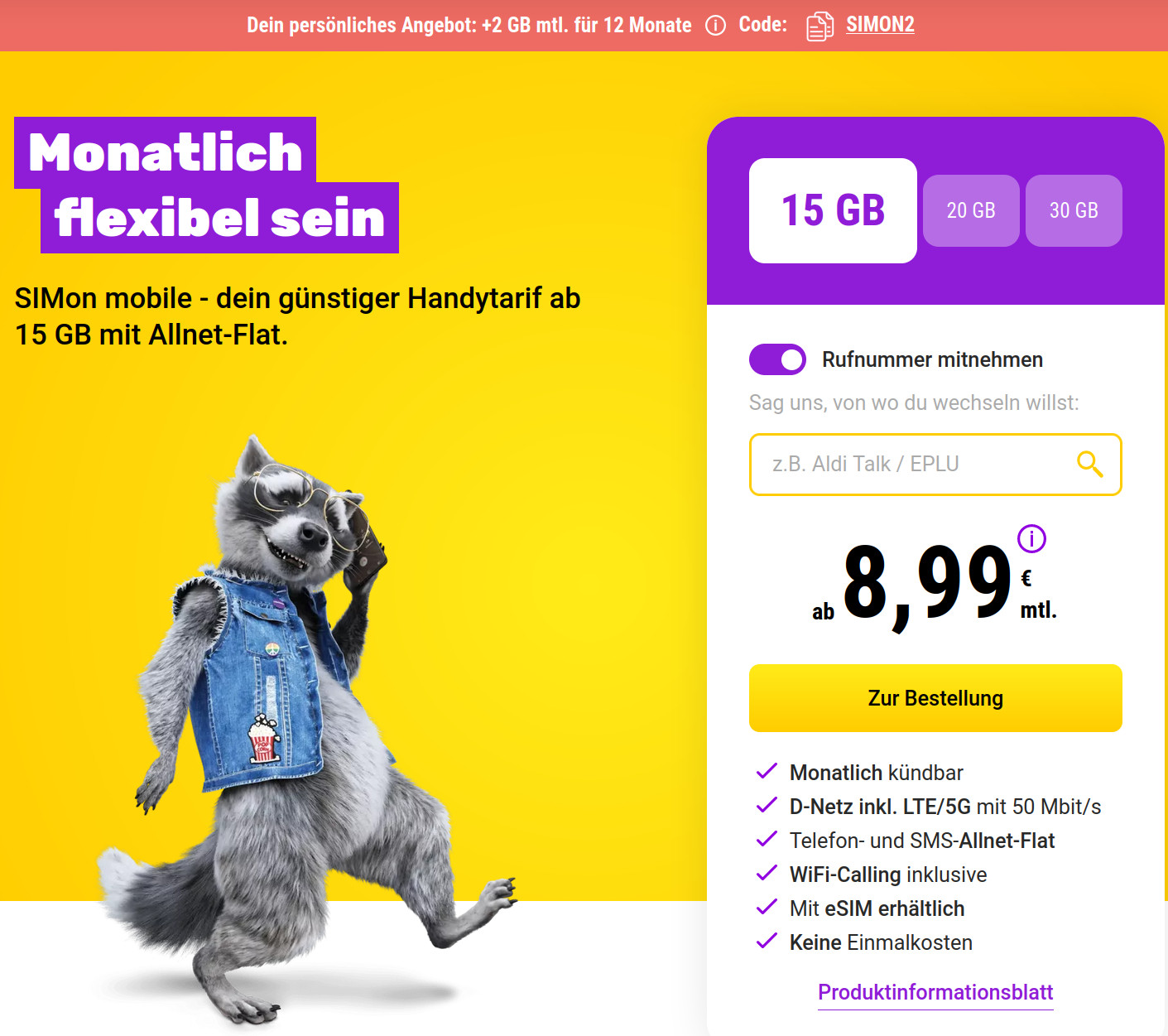 Erfahren Sie mehr ber die SIMon mobile Handytarife mit zustzlichen 2 GB Datenvolumen dank des Codes SIMON2