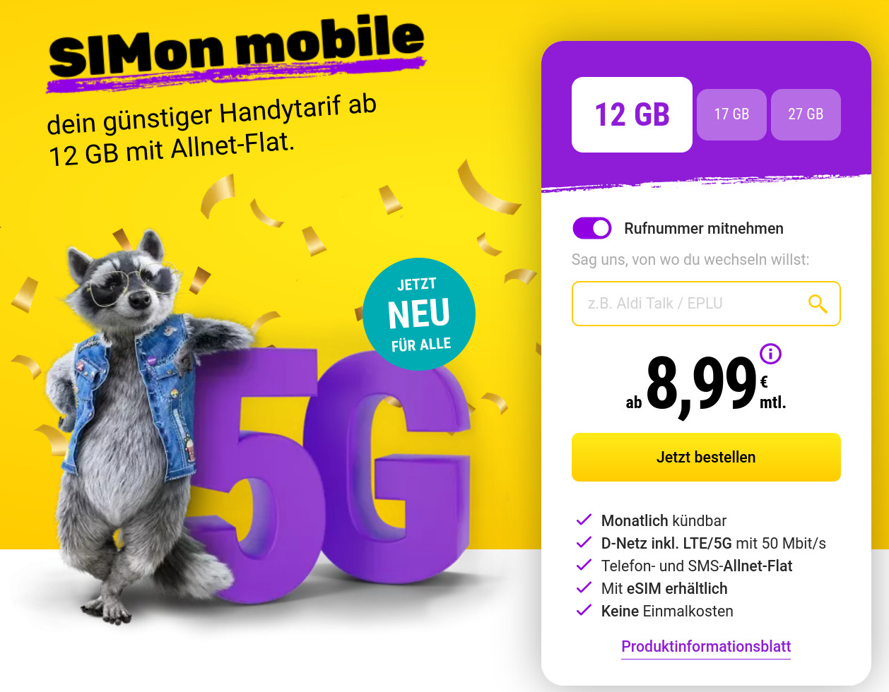Simonmobile Tarife auch im 5G Netz von Vodafone --12 GB LTE All-In-Flat fr 8,99 Euro