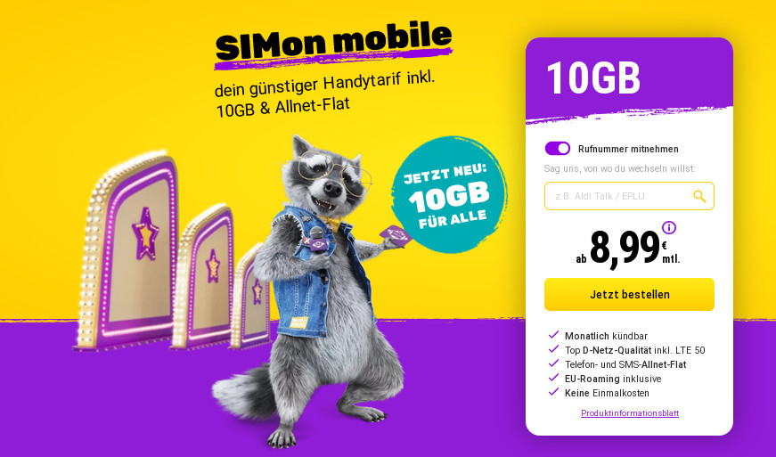 Spartipp Vodafone Netz: Simonmobile 10 GB LTE All-In-Flat im Vodafone Netz mit 50 Mbit für 8,99 Euro