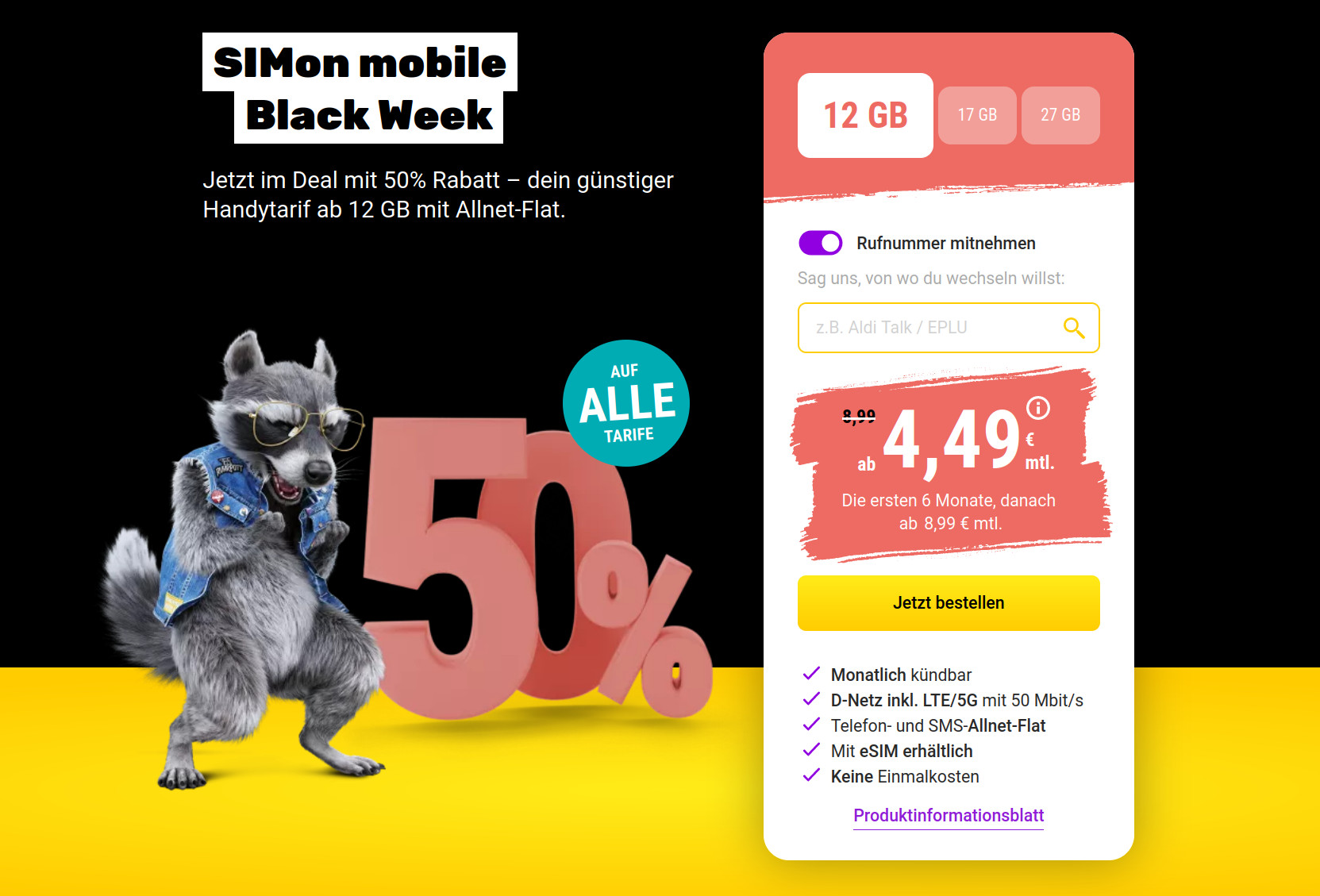 Simonmobile Black Week im Vodafone Netz --12 GB LTE All-In-Flat ab 4,49 Euro