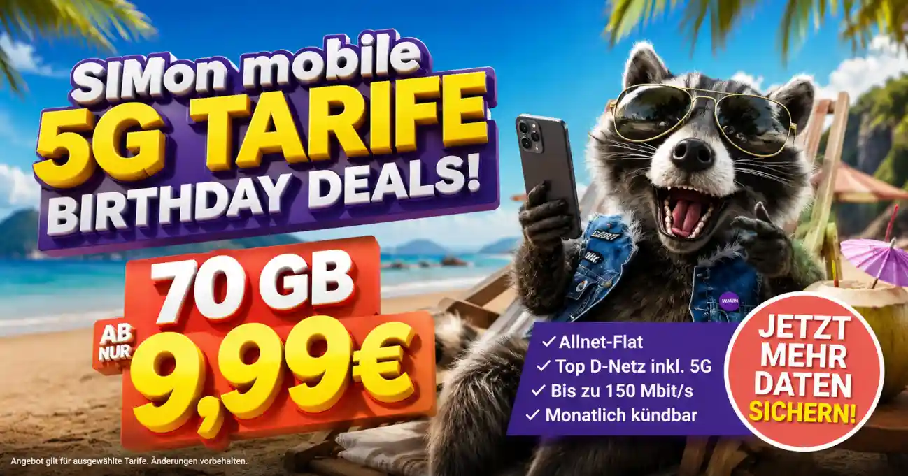 SIMon mobile Geburtstagsaktion: 70 GB ab 9,99 Euro, wer den Preis bekommt