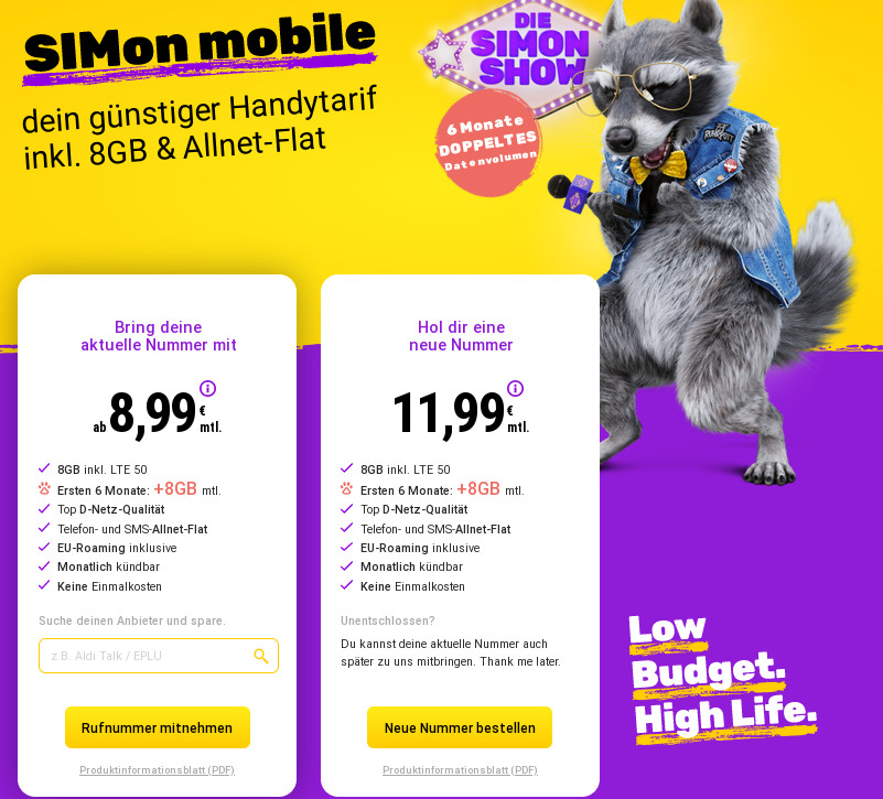 Doppeltes Datenvolumen: Simonmobile 16 GB LTE All-In-Flat im Vodafone Netz mit 50 Mbit für 8,99 Euro