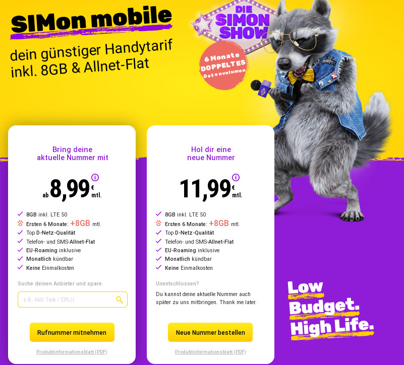 Doppeltes Datenvolumen: Simonmobile 16 GB LTE All-In-Flat im Vodafone Netz mit 50 Mbit f�r 8,99 Euro