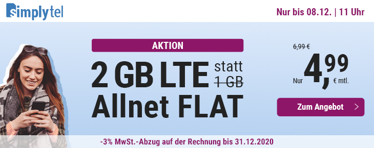 Tariftipp LTE Tarife: Simplytels 2 GB LTE All-In-Flat fr mtl. 4,99 Euro bei 50 Mbit