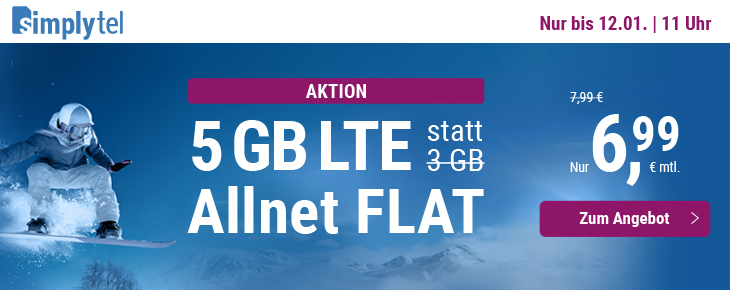 Neujahr Deal 5 GB Tarife: Simplytels 5 GB LTE All-In-Flat fr mtl. 6,99 Euro bei 50 Mbit