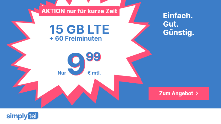 Preistipp 15 GB Tarife: Simplytel 15 GB Tarife fr 9,99 Euro mit 60 Freiminuten und mtl. Laufzeit