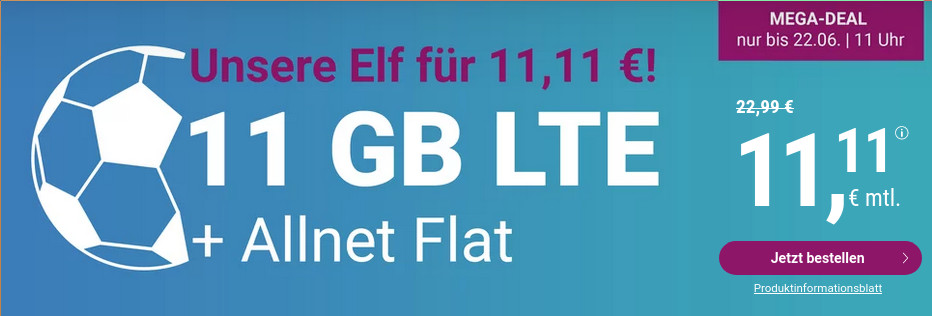 Fussball EM 11 GB Datenpower: Simplytels 11 GB LTE All-In-Flat fr mtl. 11,11 Euro ohne Laufzeit