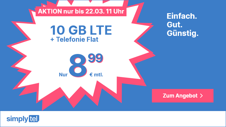 10 GB Allnet-Flat Tarife: Simplytels 10 GB LTE Allnet-Flat für mtl. 8,99 Euro mit mtl. Laufzeit