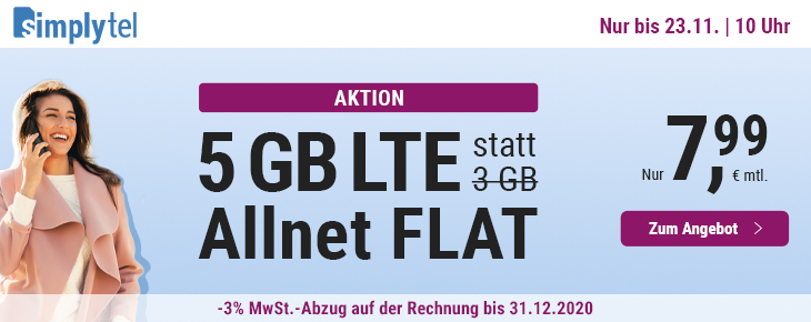 Tariftipp LTE Tarife: Simplytels 5 GB LTE All-In-Flat fr mtl. 7,99 Euro bei 50 Mbit
