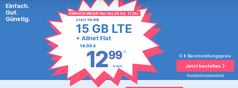 Spartipp 15 GB Tarife: Simplytel 15 GB LTE All-In-Flat f�r 12,99 Euro ohne Anschlusspreis