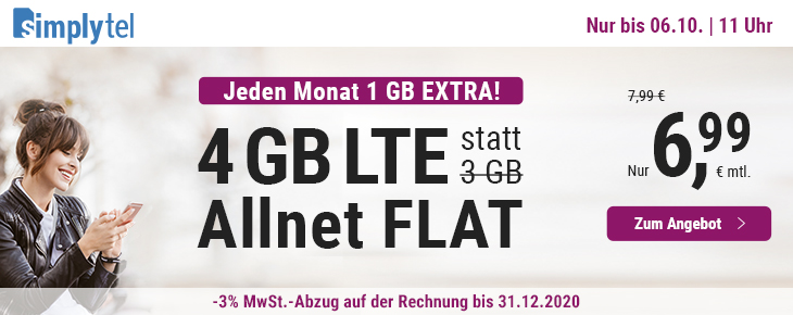 Preistipp 4 GB Datenpower: Simplytels 4 GB LTE All-In-Flat fr mtl. 6,99 Euro ohne Laufzeit