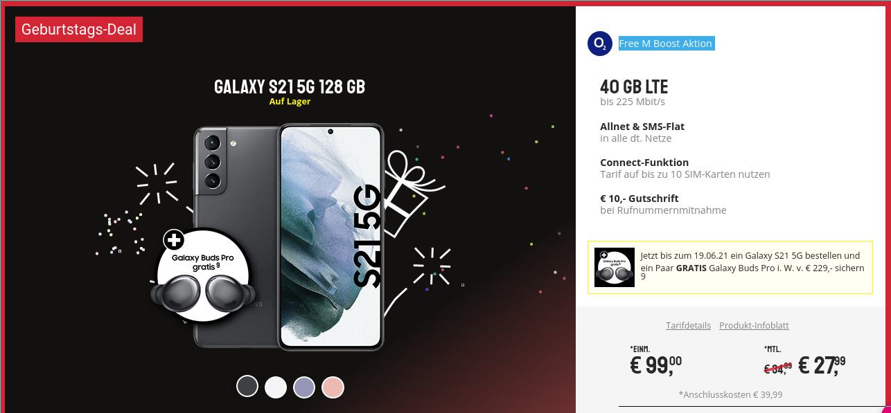 Preistipp Galaxy S21 5G: 40 GB O2 Allnet-Flat bei 225 Mbit fr mtl. 27,99 Euro/Eff. 1,61 Euro