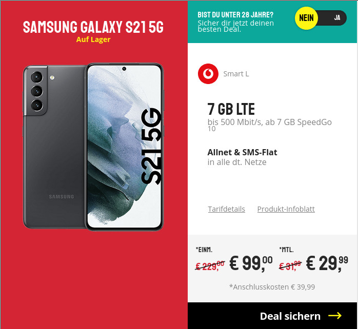Preiskracher Galaxy S21 5G: 7 GB Vodafone Allnet-Flat bei 500 Mbit fr mtl. 29,99 Euro
