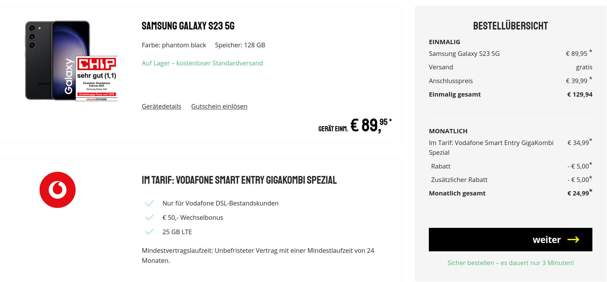 Preiskracher Galaxy S23 5G Handytarife: 50 Euro Wechselbonus mit 25 GB Vodafone Smart GigaKombi für 24,99 Euro/Eff. -1,26 Euro