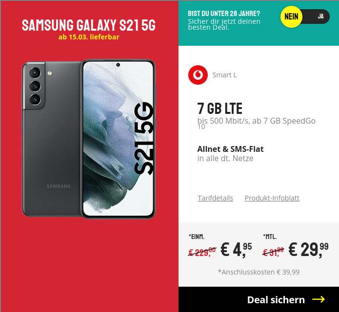 Preiskracher Galaxy S21 5G: 7 GB Vodafone Allnet-Flat bei 500 Mbit fr mtl. 29,99 Euro/Eff.-2,72 Euro