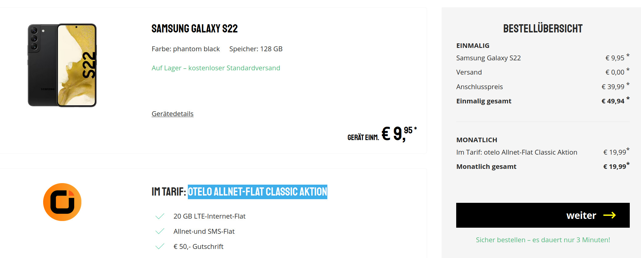 Preistipp Galaxy S22 Handytarife: 50 Euro Gutschrift mit 20 GB otelo Allnet-Flat für 19,99 Euro/Eff. -2,93 Euro