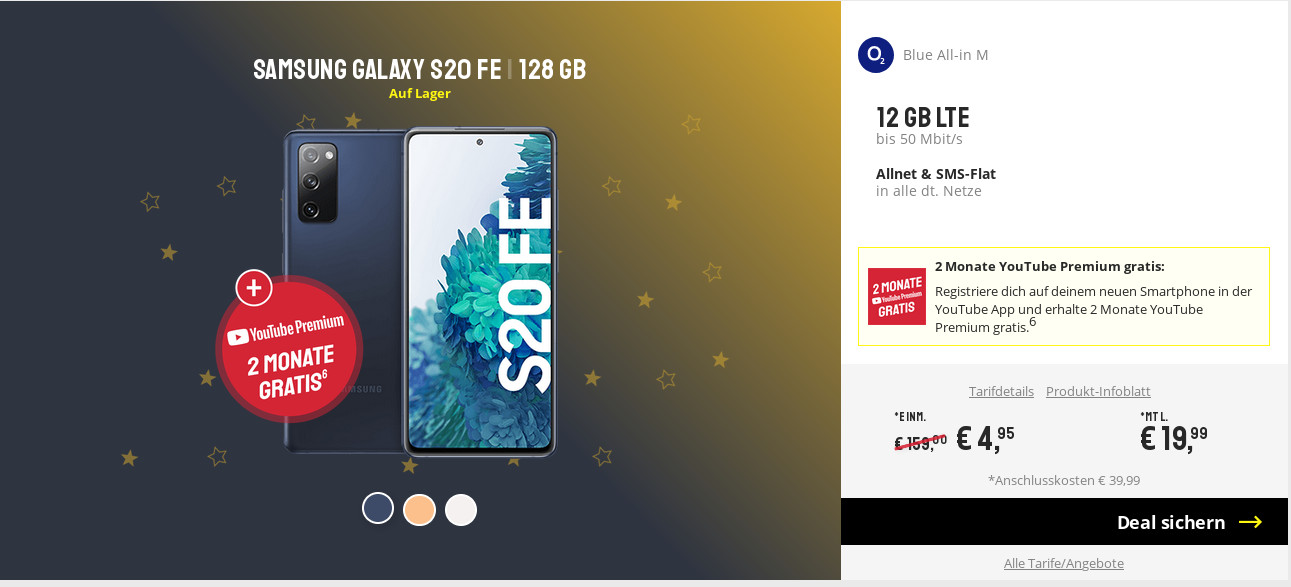 Spartipp Galaxy S20 Tarife: 12 GB LTE Allnet-Flat im O2 Netz für mtl. 19,99 Euro/Eff. 1,03 Euro