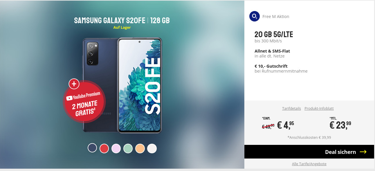 Spartipp Galaxy S20 Tarife: 20 GB LTE Allnet-Flat im O2 Netz fr mtl. 23,99 Euro/Eff. 5,44 Euro