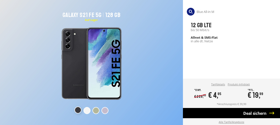 Galaxy S21 FE 128GB Tarife: otelo 20 GB Allnet-Flat für 19,99 Euro ohne Anschlusspreis