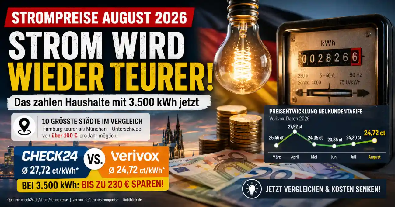 Strompreise im August 2026: CHECK24 und Verivox im Vergleich. Das kosten 3.500 kWh in zehn deutschen Gro�st�dten und so entwickeln sich die Preise