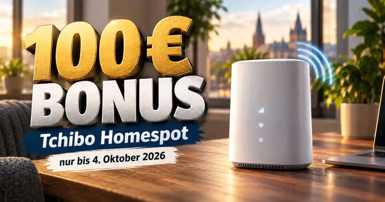 Tchibo verdoppelt den Homespot-Neukundenbonus auf 100 Euro. Die Aktion l�uft bis 4. Oktober 2026. Das gilt f�r Tarif, Router und Auszahlung