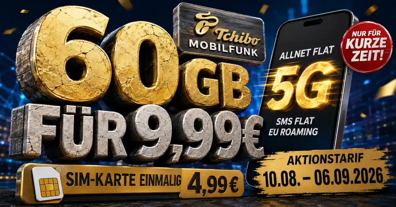 Tchibo Mobil bietet 60 GB 5G f�r 9,99 Euro je vier Wochen. Die Aktion l�uft bis 6. September 2026. Das m�ssen Kunden wissen